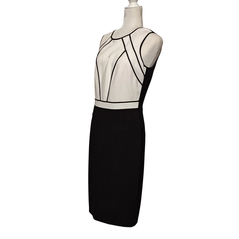 White House Black Market Sheath Dress Women 8 Black Ecru Piped Graphic Sleeveles